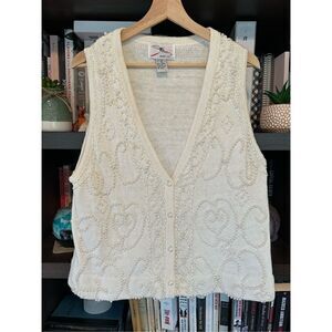 Vintage 1994 SML Sport Ltd. Cream Beaded Sleeveless Vest Cardigan Small